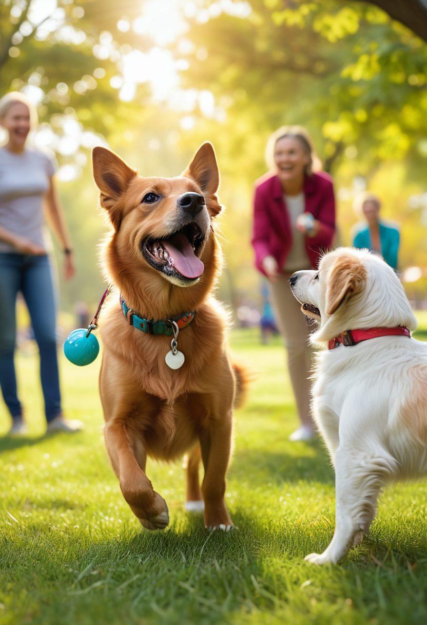 A joyful dog and a trainer engaging in a positive training session at a sunny park, showcasing obedience and excitement. Include a variety of colorful training tools like clickers and treats scattered around, with happy dog faces and playful energy. Add a diverse group of people watching and learning, capturing a sense of community and connection. Vibrant colors. 3D.