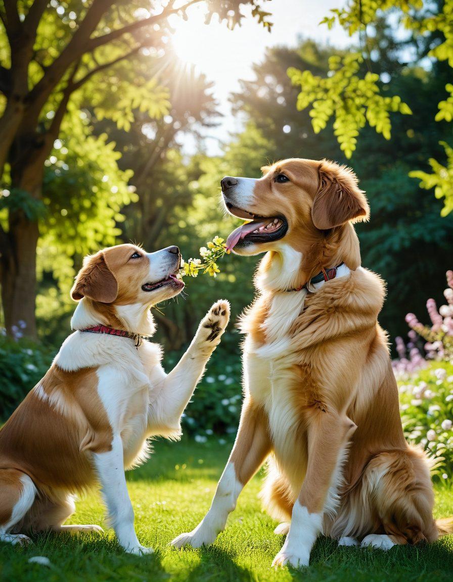 A close-up of a dog and a human engaging in playful interaction in a sunny park, showcasing the bond between them. Include various dog breeds in the background exhibiting diverse behaviors like playing, resting, and exploring, with lush greenery and vibrant flowers surrounding them. Capture a sense of joy and understanding in the scene. painting. vibrant colors. natural lighting.